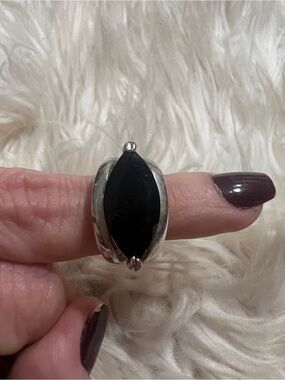 Black Onyx Marquise Silver Statement Cut Out Horizontal Ring